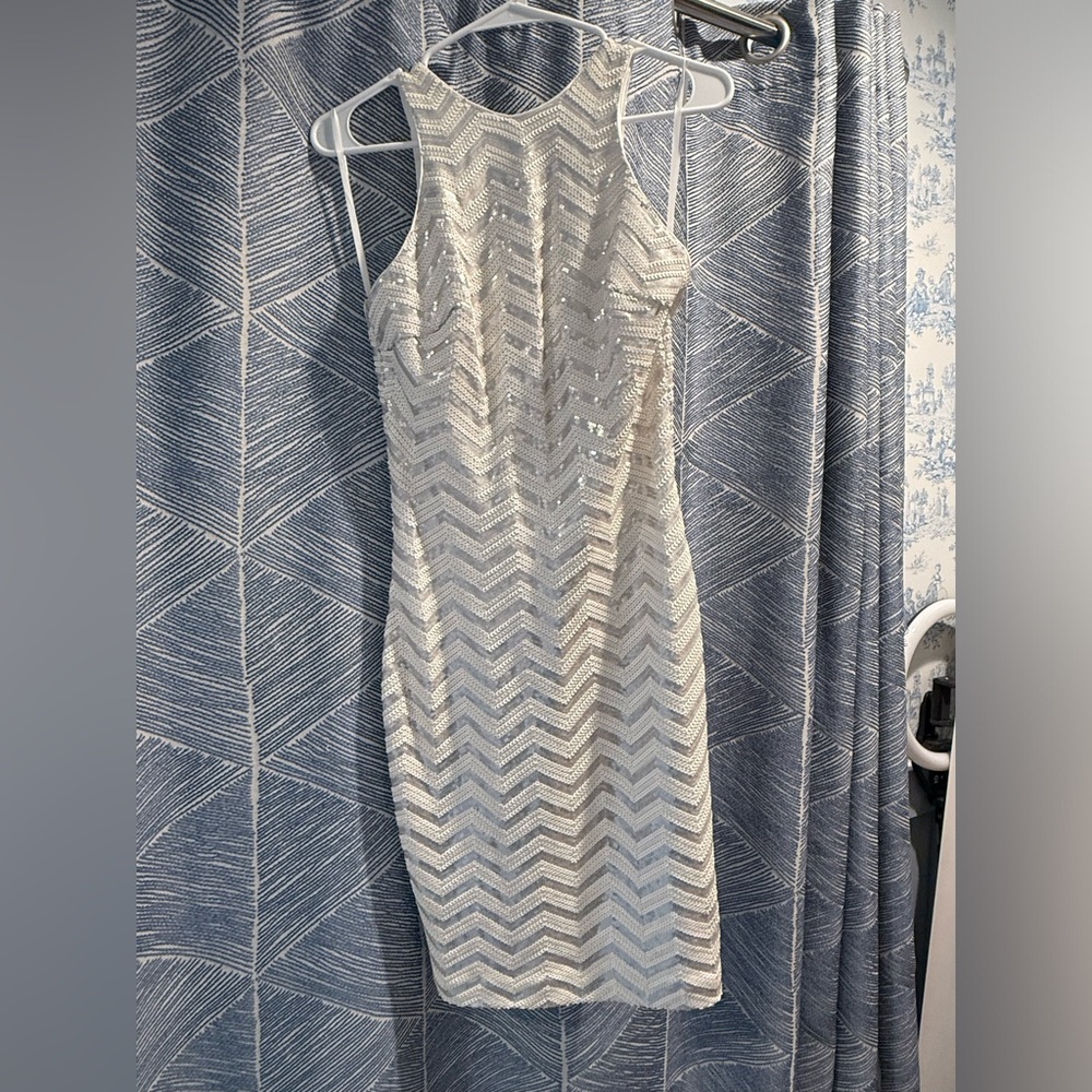 Chevron Sequin Mini Dress High Neck White Gray Size S